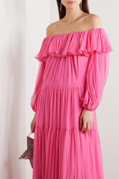 Pink Off-Shoulder Gathered Tiered Maxi
