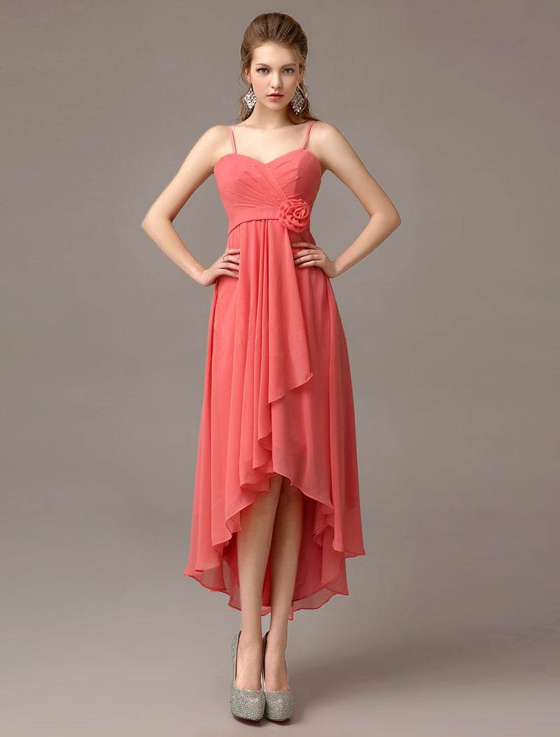 Coral Asymmetrical Sheath Flower Bridesmaid Dress