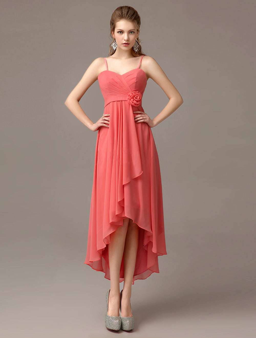 Coral Asymmetrical Sheath Flower Bridesmaid Dress