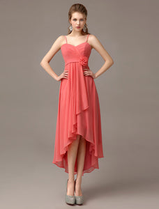 Coral Asymmetrical Sheath Flower Bridesmaid Dress