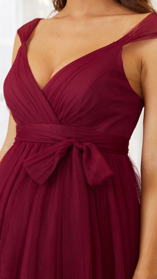 Wine V Neck Ruched Tiered Maternity Gown