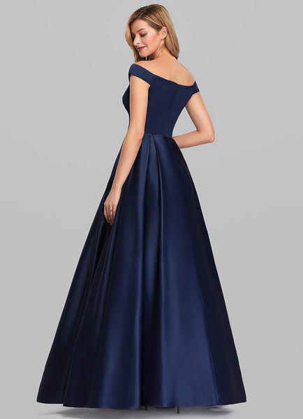 Navy Off-Shoulder Satin Ball Gown