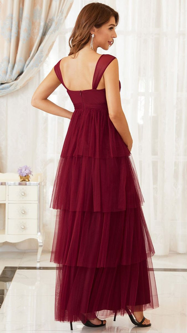 Wine V Neck Ruched Tiered Maternity Gown