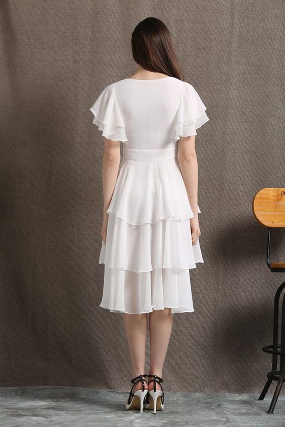 White Layered Frill Flouncing Sleeves Midi