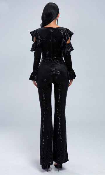 Black Sequin Long Sleeve Cut-Out Ruffle Plunge Jumpsuit
