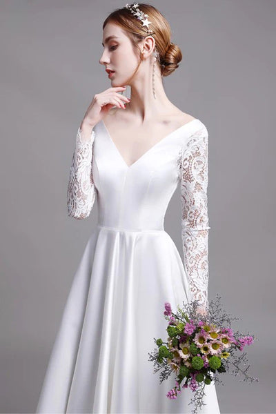 White V Neck Satin Crochet Sleeves Maxi