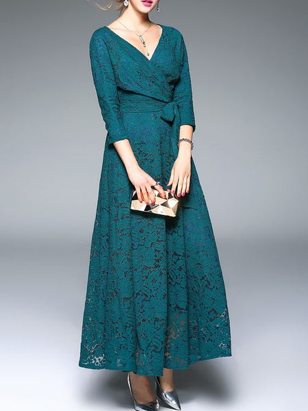 Teal Green Tie Waist Lace Maxi