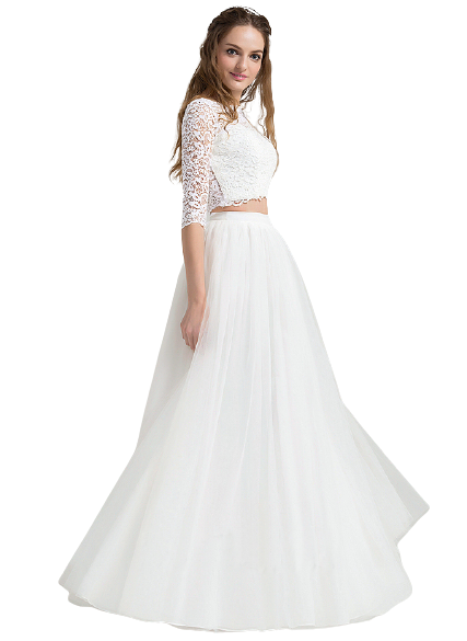 White Lace Full Sleeves Crop Top With Flared Skirt Set