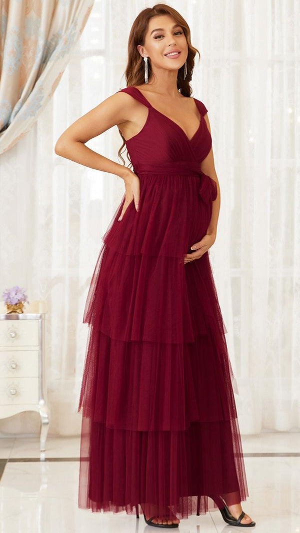 Wine V Neck Ruched Tiered Maternity Gown
