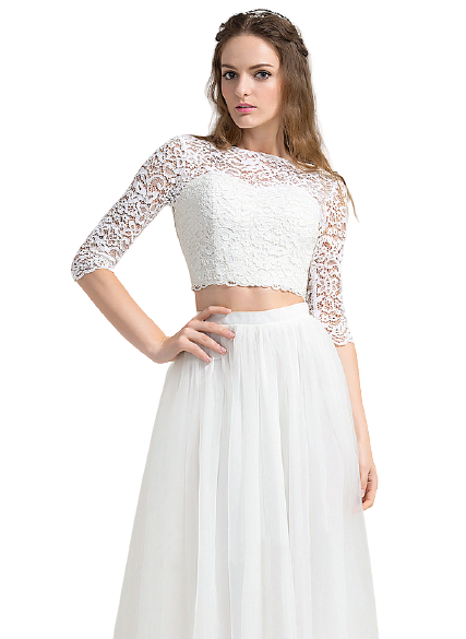 White Lace Full Sleeves Crop Top With Flared Skirt Set