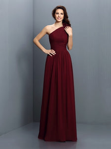 Wine One Shoulder Flower Motif Ruched Maxi