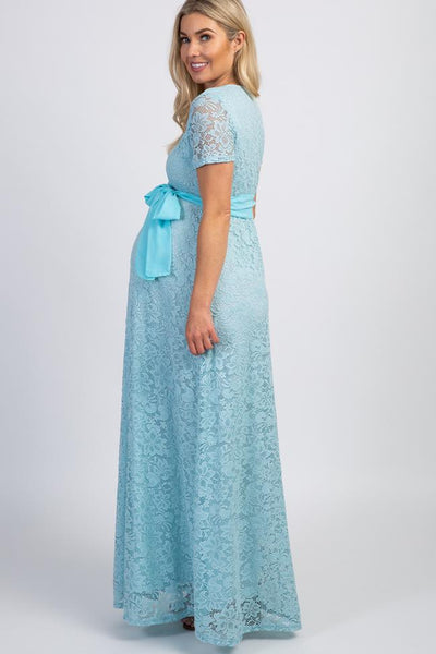 Light Blue Lace Sash Tie Maternity Gown
