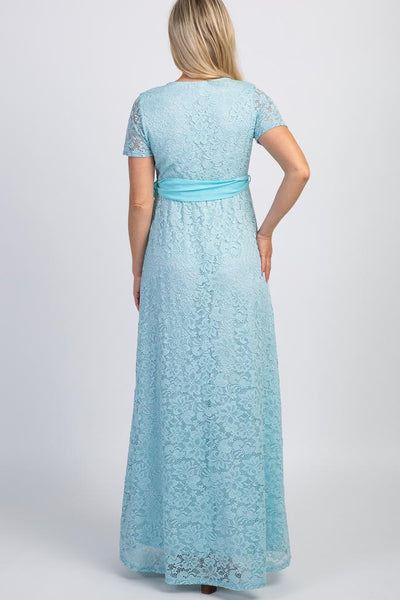 Light Blue Lace Sash Tie Maternity Gown