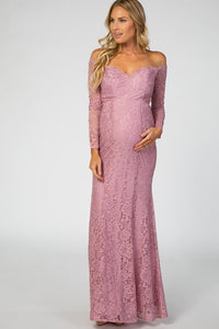 Mauve Lace Off Shoulder Long Sleeve Maternity Maxi Dress