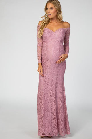 Mauve Lace Off Shoulder Long Sleeve Maternity Maxi Dress