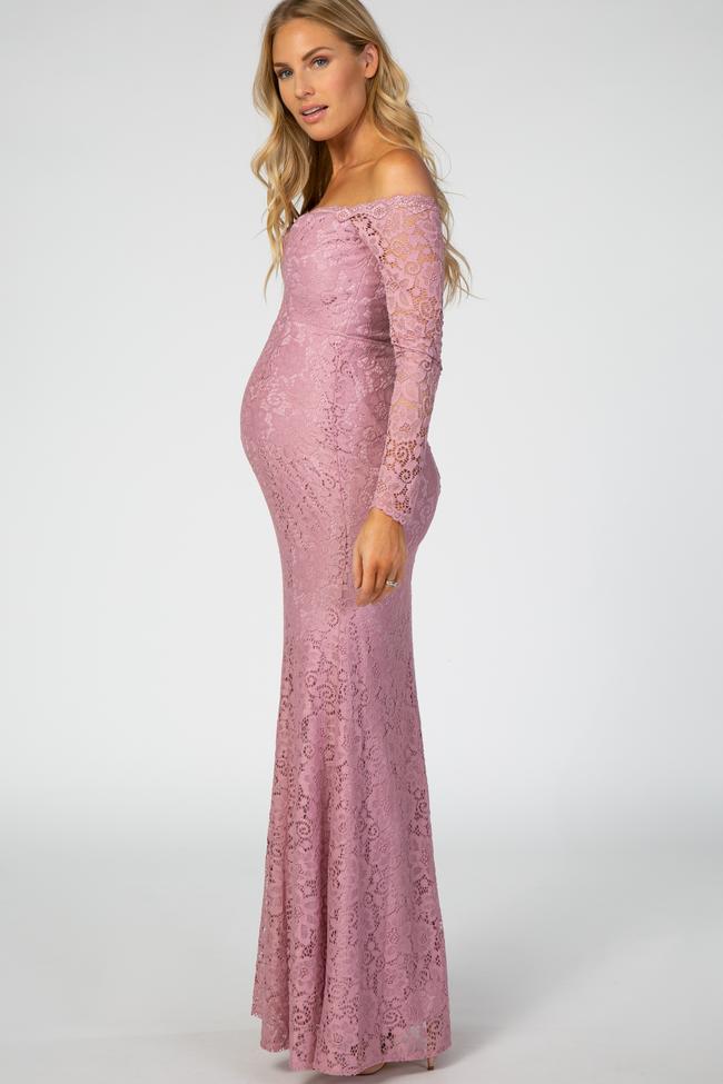 Mauve Lace Off Shoulder Long Sleeve Maternity Maxi Dress