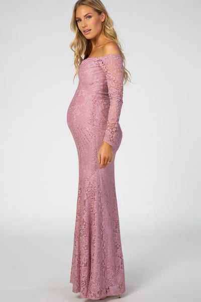 Mauve Lace Off Shoulder Long Sleeve Maternity Maxi Dress