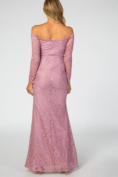 Mauve Lace Off Shoulder Long Sleeve Maternity Maxi Dress