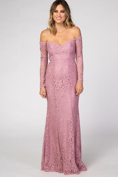 Mauve Lace Off Shoulder Long Sleeve Maternity Maxi Dress