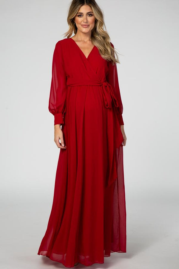 Red/Purple Long Sleeve Pleated Maternity Maxi Dress