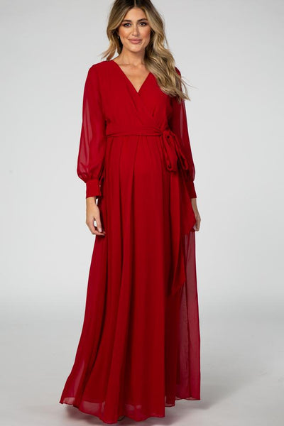 Red/Purple Long Sleeve Pleated Maternity Maxi Dress