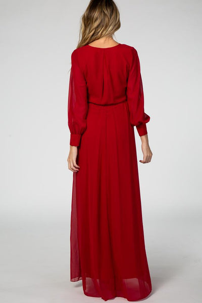 Red/Purple Long Sleeve Pleated Maternity Maxi Dress