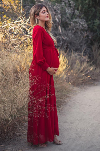 Red/Purple Long Sleeve Pleated Maternity Maxi Dress