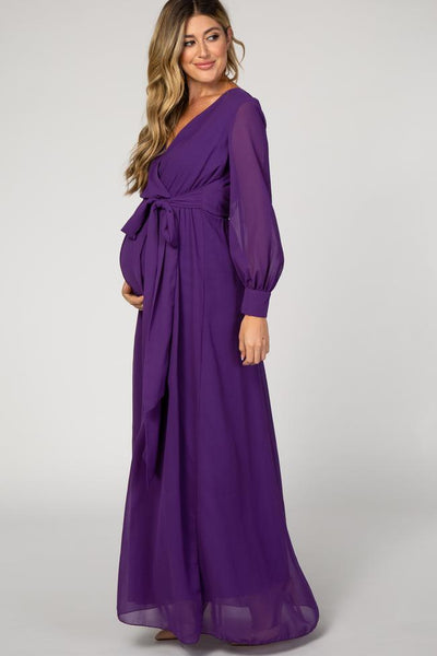 Red/Purple Long Sleeve Pleated Maternity Maxi Dress