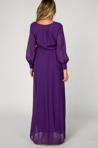 Red/Purple Long Sleeve Pleated Maternity Maxi Dress