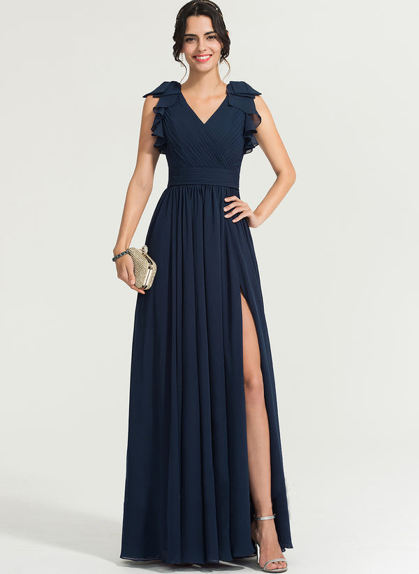 Bottle Green V Neck Flouncing Sleeves Ruched Maxi