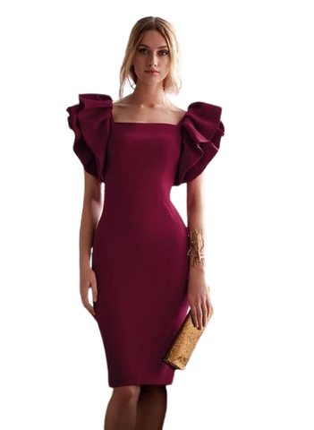 Wine Pleated Sleeves Sheer Back Bodycon Midi