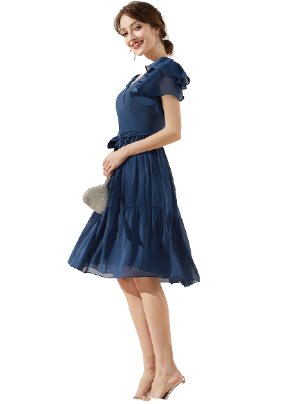 Navy Blue Flutter Sleeves Tiered Midi