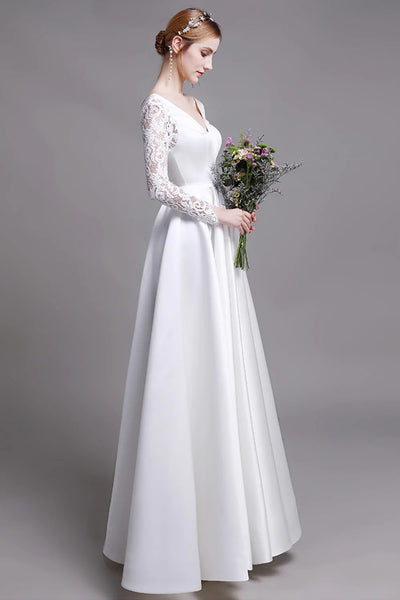 White V Neck Satin Crochet Sleeves Maxi