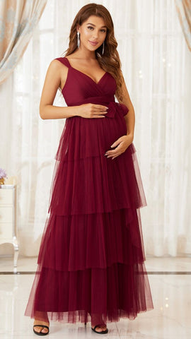 Wine V Neck Ruched Tiered Maternity Gown