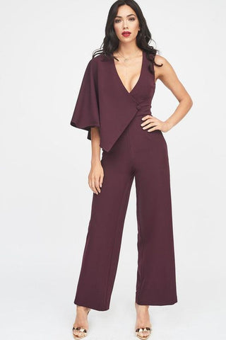 Wine Draped Sleeve Wide Leg Jumpsuit