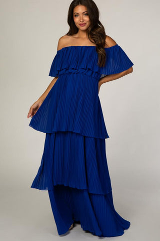 Royal Blue Pleated Ruffle Tiered Maternity Maxi Dress