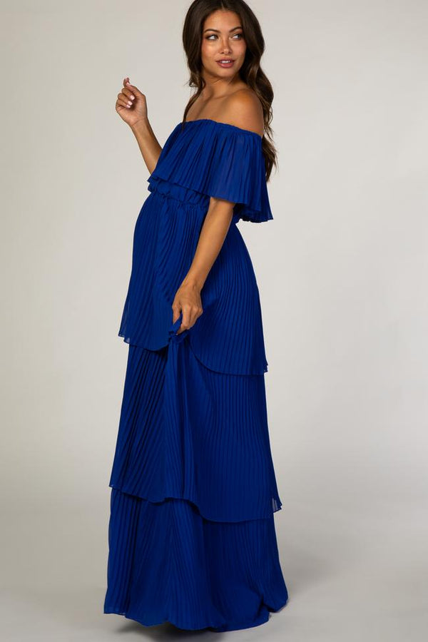 Royal Blue Pleated Ruffle Tiered Maternity Maxi Dress
