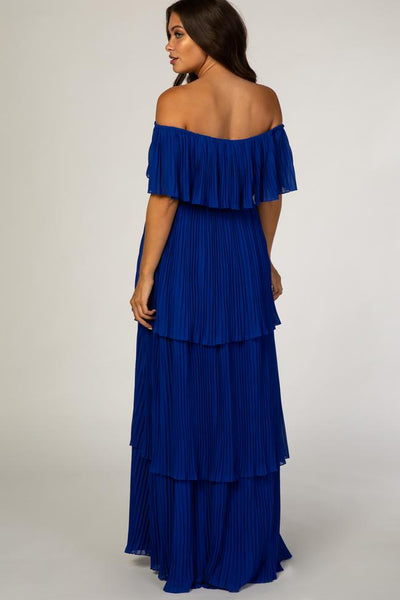 Royal Blue Pleated Ruffle Tiered Maternity Maxi Dress