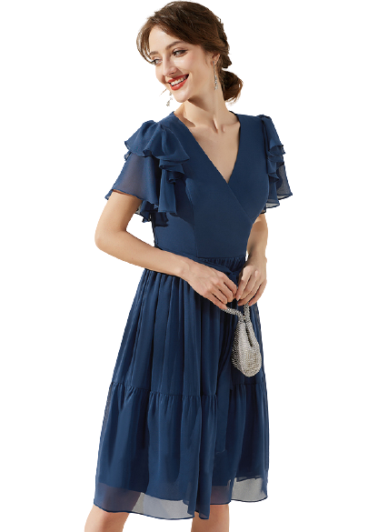 Navy Blue Flutter Sleeves Tiered Midi
