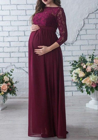 Wine Lace Full Sleeves Maternity Gown