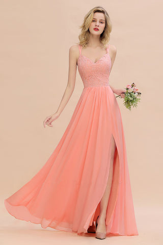 Sexy Spaghetti Strap Coral Lace Bridesmaid Dress