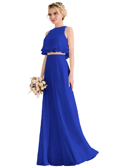 Royal Blue Overlay Frill Top With Skirt Set