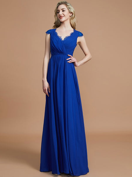 Sapphire Blue Gorgeous A-Line V-neck Sleeveless Floor-Length Dress