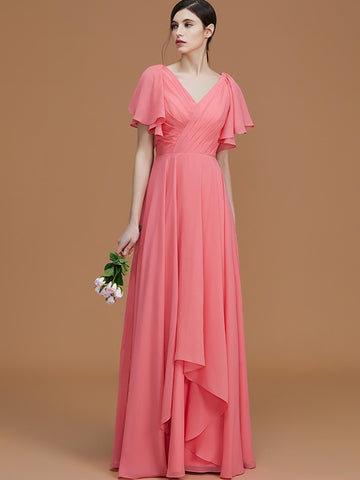 Coral V Neck Short Sleeves Floor-Length Bridesmaid Dress