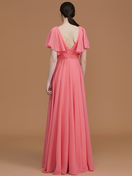 Coral V Neck Short Sleeves Floor-Length Bridesmaid Dress