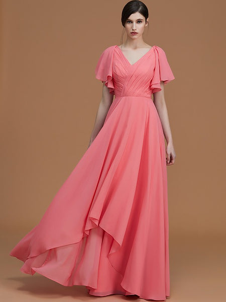 Coral V Neck Short Sleeves Floor-Length Bridesmaid Dress