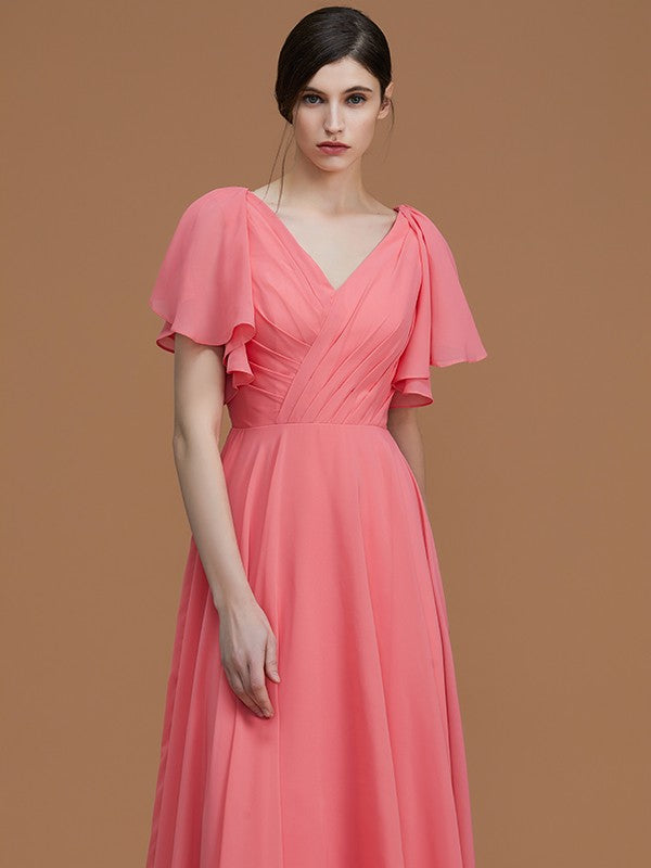 Coral V Neck Short Sleeves Floor-Length Bridesmaid Dress