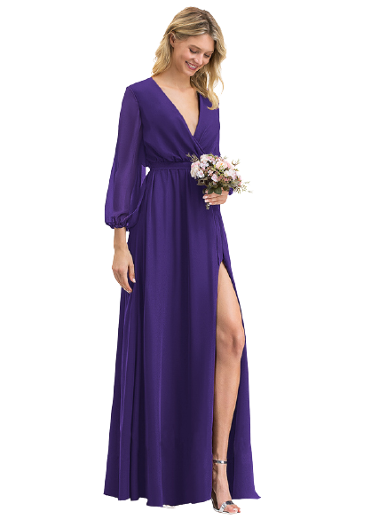 Purple V Neck Balloon Sleeves Tie Waist Maxi