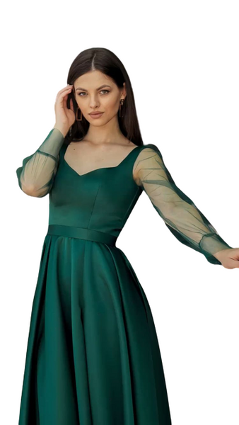 Bottle Green Sheer Sleeves Satin Slit Maxi