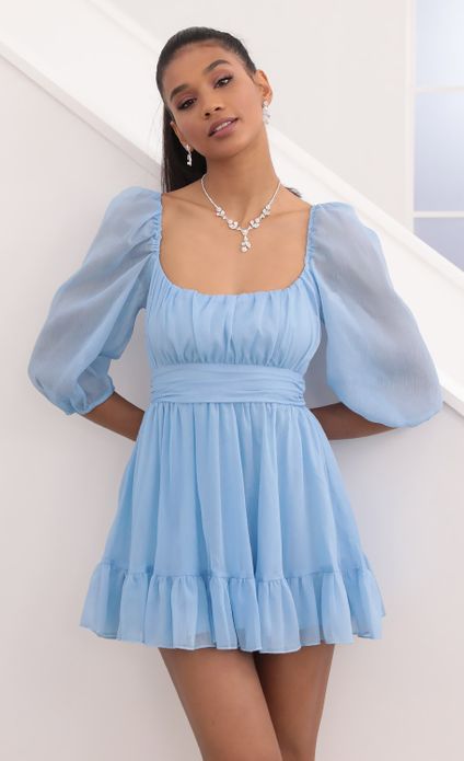 Sky Blue Puffed Sleeves Back Tie Up Dress